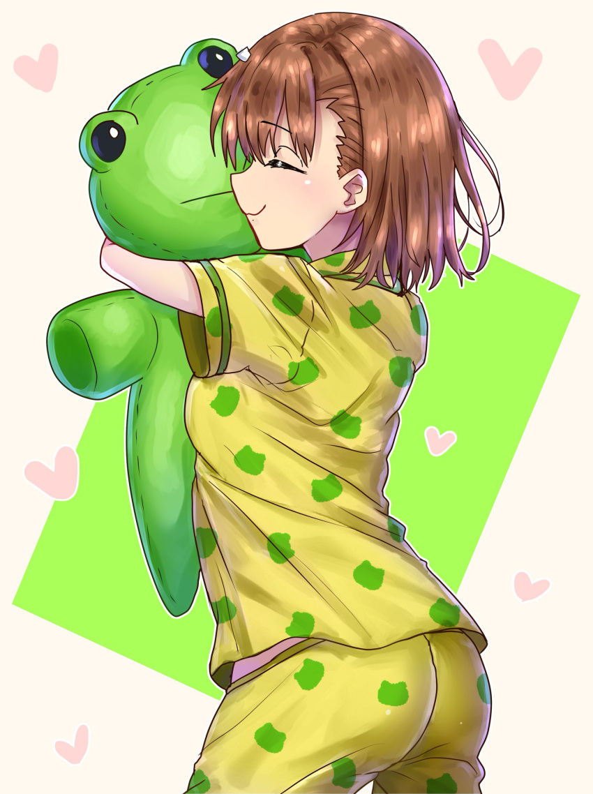 1girls 2020s 2023 :) animal_print ass brown_hair closed_eyes closed_mouth clothed clothed_female cute ebora female frog_print from_side gekota gekota_pajamas green_pajamas happy happy_female heart hi_res holding holding_stuffed_toy misaka_mikoto object_hug pajamas print_pajamas short_hair short_sleeves smile solo standing stuffed_animal stuffed_frog stuffed_toy teenage_girl teenager to_aru_kagaku_no_railgun to_aru_majutsu_no_index two-tone_background wholesome yellow_pajamas young youngmanisdown