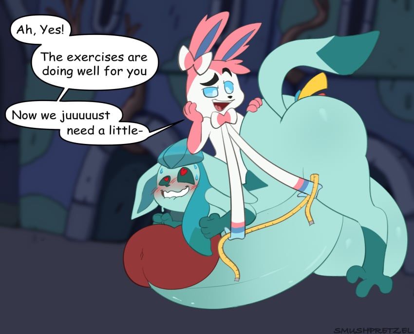 <3_eyes anal anal_vore anthro ass balls big_balls big_butt big_penis blush bodily_fluids eeveelution generation_4_pokemon generation_6_pokemon genitals glaceon group hand_on_butt heart hi_res huge_cock humanoid_genitalia humanoid_penis hyper hyper_genitalia hyper_penis male male/male male_only nintendo penis pokemon pokemon_(species) smushpretzel sweat sylveon toony vore