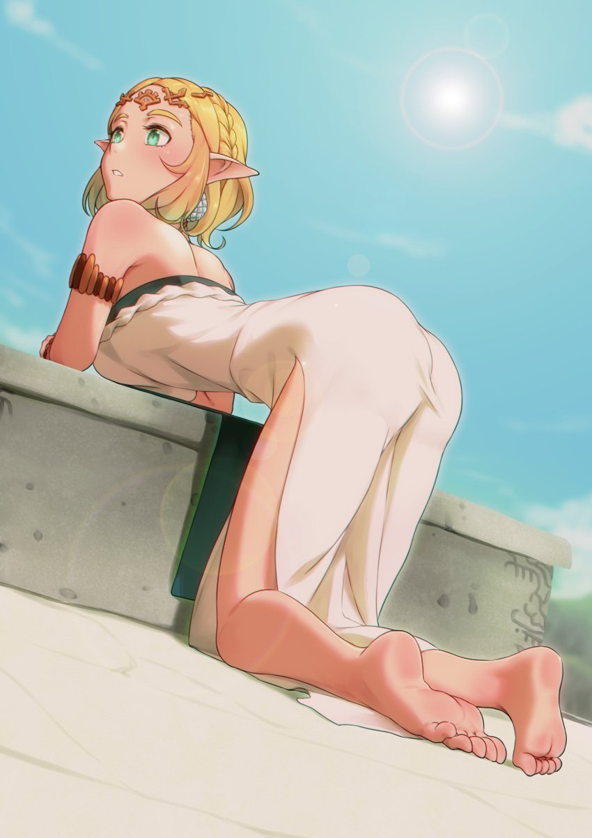 1girls ancient ass ass_in_dress back back_view bare_soles barefoot big_ass blonde_female blonde_hair blue_eyes bob_cut clothed dress elf elf_ears feet feet_fetish feet_focus female female_only foot_fetish hi_res highres hylian leaning_forward leaning_on_elbow legs nintendo princess_zelda pwtite shoulders skinny soles solo tears_of_the_kingdom the_legend_of_zelda toes yamauchi_(conan-comy) zelda_(tears_of_the_kingdom) zonai_outfit