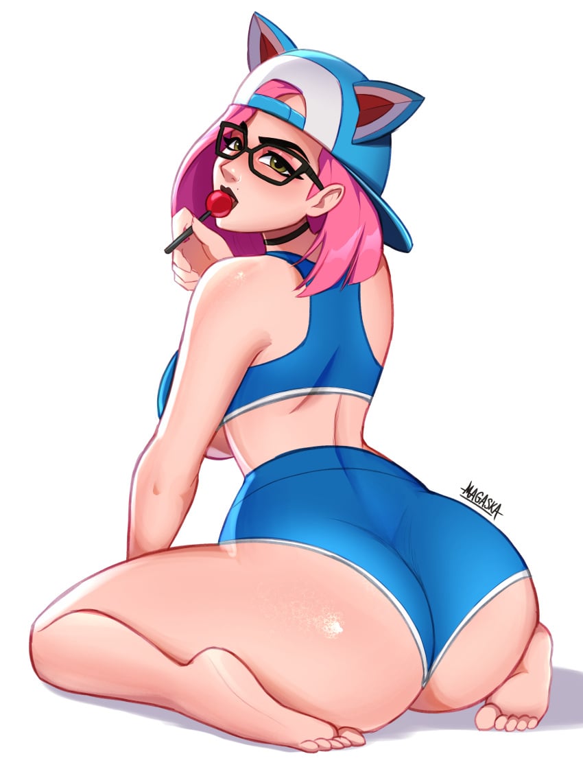 1girls 2d 2d_(artwork) arched_back ass backwards_baseball_cap big_ass big_breasts black_choker black_glasses black_lips blue_cap booty_shorts cap cat_ears choker epic_games eyeliner feet fortnite frog_pose from_behind glasses green_eyes highres kneeling licking_lollipop light-skinned_female light_skin lollipop looking_at_viewer lynx_(fortnite) magaska19 pink_hair short_hair solo_female white_background