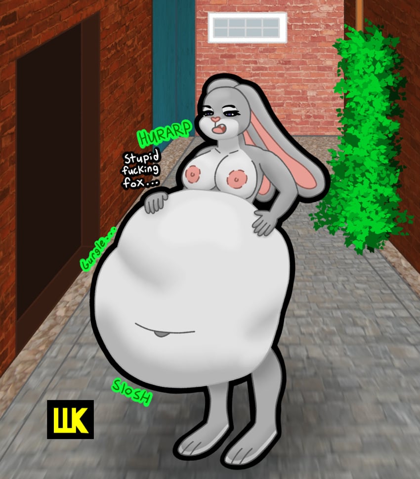 belly big_belly blue_eyes brick_wall burping digestion digestion_noises disney female fur grey_body grey_fur hi_res judy_hopps lagomorph leporid mammal nipples outside plant rabbit solo text vore wall_(structure) wulfkyet zootopia