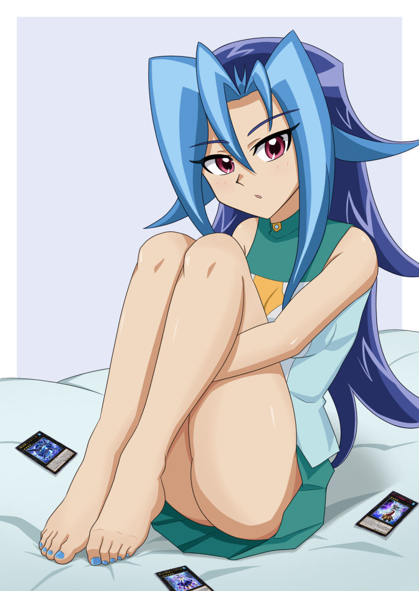 ass barefoot bed blue_hair blush cards feet female flickmann_ss kamishiro_rio looking_at_viewer open_mouth red_eyes rio_kamishiro school_uniform solo yu-gi-oh! yu-gi-oh!_zexal