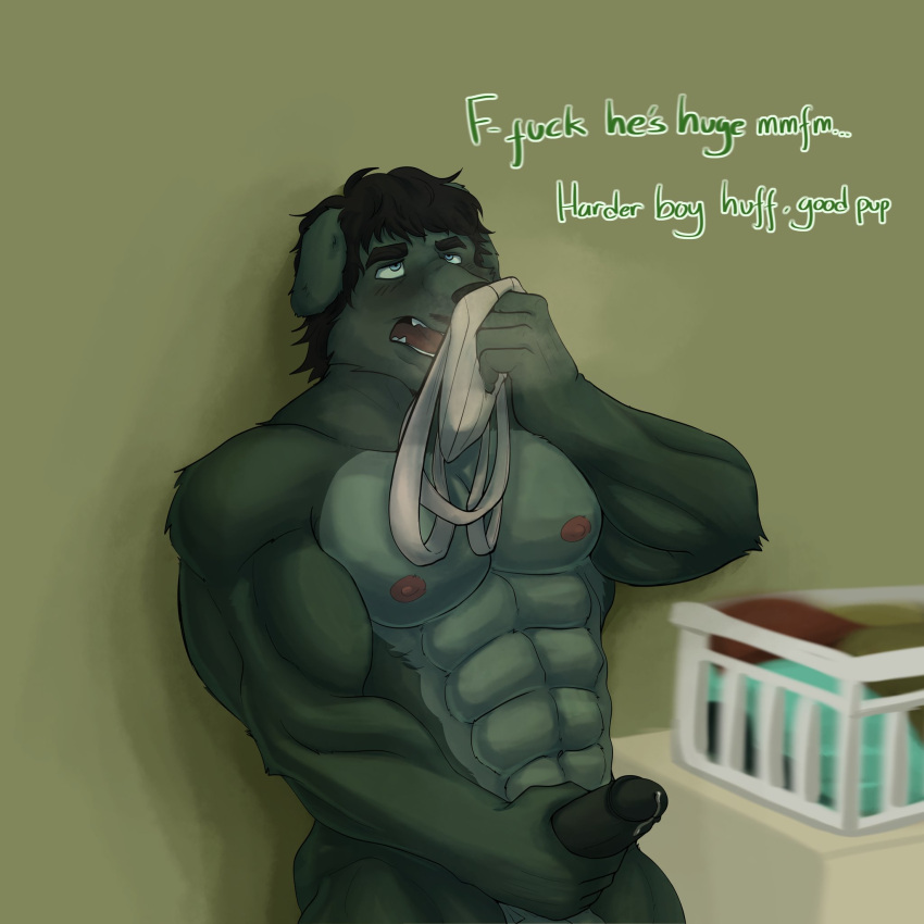 1boy 2023 abs anthro areola ass balls biceps biped blush bodily_fluids canid canine canis clothing dadsniffer dialogue digital_media_(artwork) domestic_dog erection eye_roll eyebrows foreskin fur genital_fluids genitals glans green_body green_fur hair hi_res humanoid_genitalia humanoid_penis jockstrap male male_only mammal masturbation muscular muscular_anthro muscular_male muscular_thighs musk navel nipples nude open_mouth pecs penile penile_masturbation penis precum quads retracted_foreskin sniffing solo son standing talking_to_self teeth thick_thighs tongue underwear underwear_sniffing