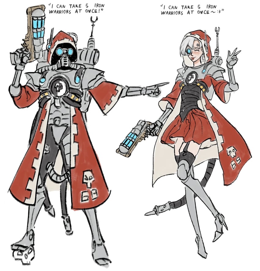 2boys adeptus_mechanicus archon_of_flesh corset crossdressing cyborg dialogue english_text femboy feminine_male imperium_of_man meme skirt skitarii sticking_out_tongue text thighhighs warhammer_(franchise) warhammer_40k