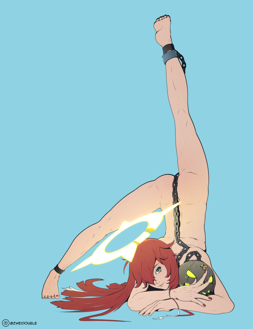 barefoot breasts broken_halo chains feet green_eyes guilty_gear guilty_gear_strive halo jack-o'_valentine looking_at_viewer nude posing red_hair soles toes white_hair zweidouble