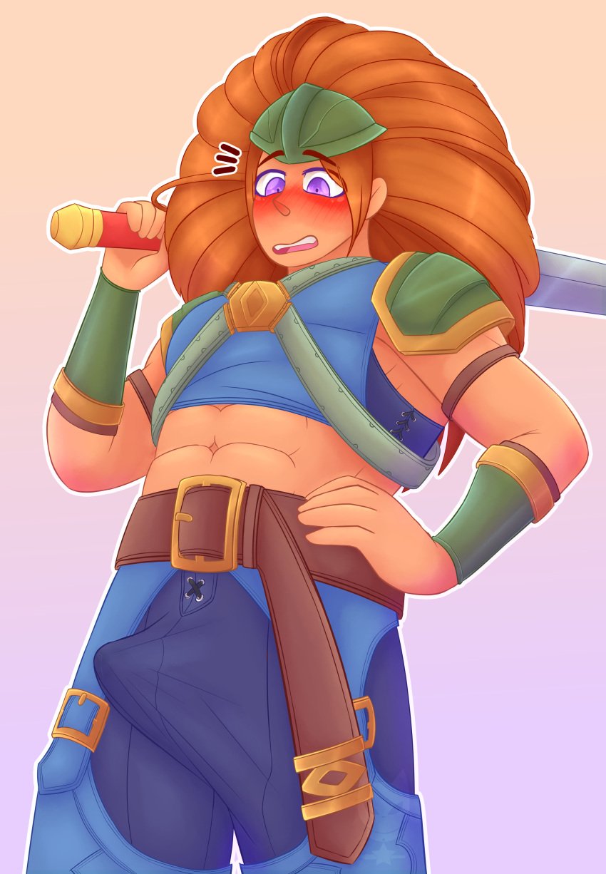 blush blushing_male blushing_profusely boner bulge clothed duran_(seiken_densetsu_3) embarrassed embarrassed_male flustered flustered_male fully_clothed hard_on male male_only seiken_densetsu_3 trials_of_mana