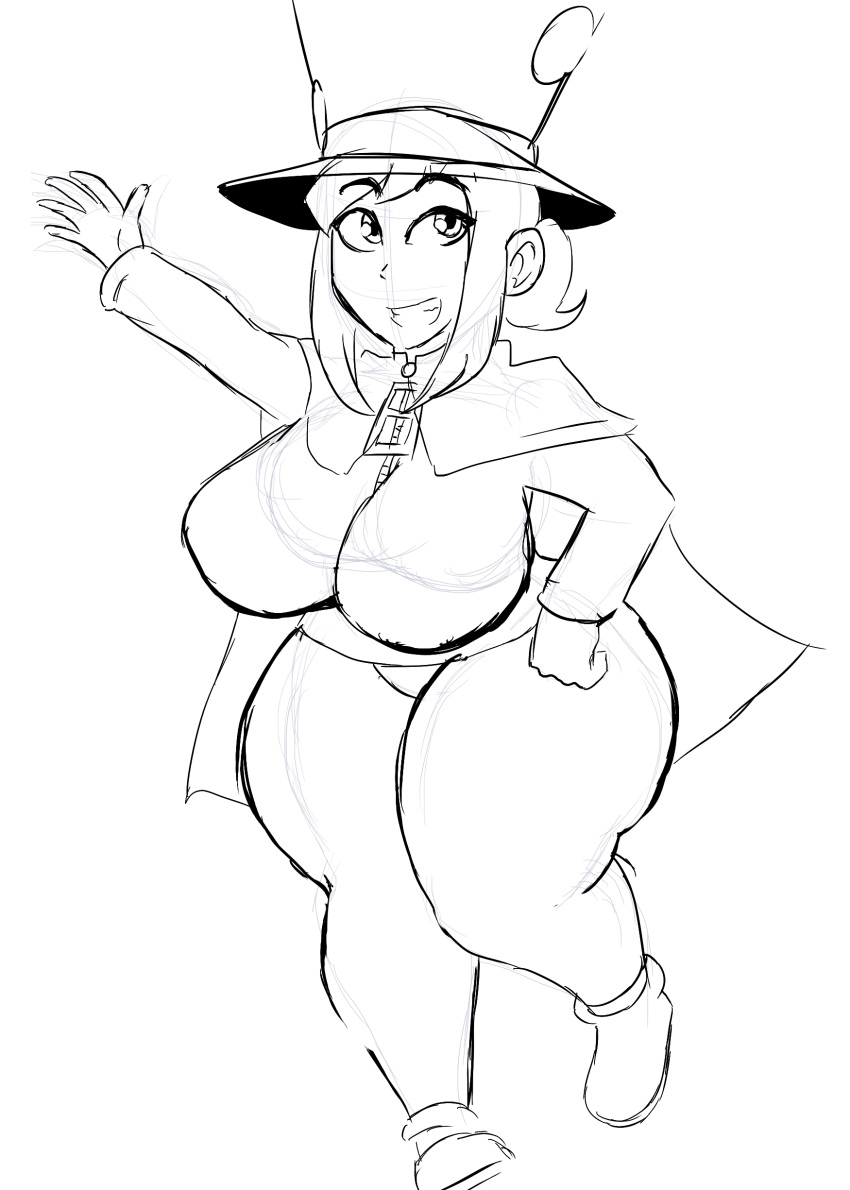 a_hat_in_time black_and_white breast_expansion cape hat hat_adult hat_kid huge_breasts jacket looking_at_viewer monochrome pants shoes smile smiling thick thick_ass thick_body thick_breasts thick_butt thick_hips thick_legs tight_clothes tight_clothing tight_pants voluptuous voluptuous_female xiceowl zipper