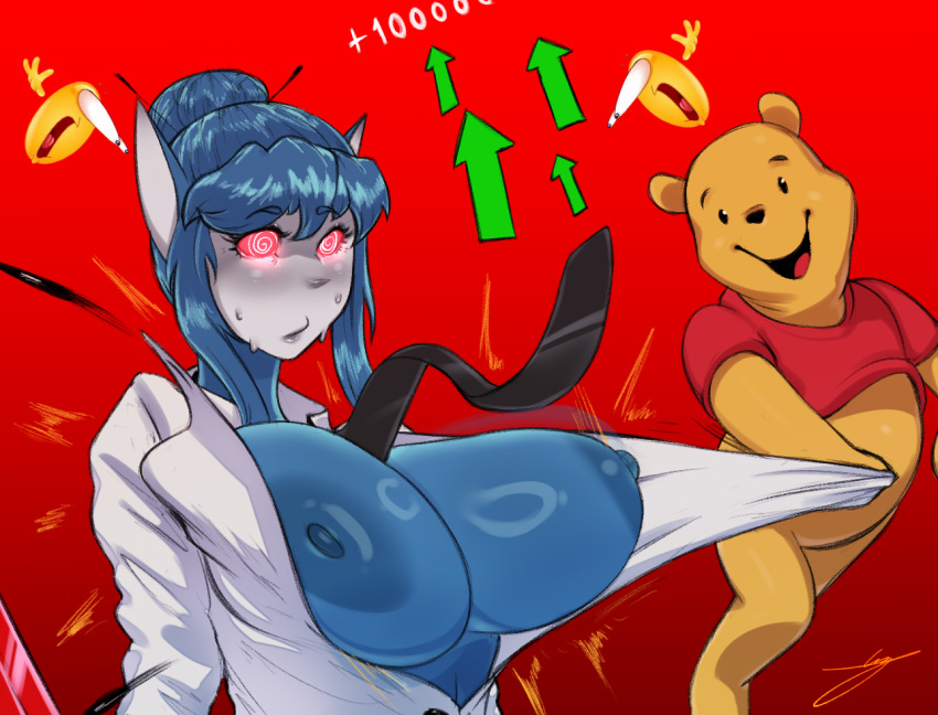 areolae big_breasts blue_fur blue_hair breasts china clothing_pull fan_character female grey_skin hb-viper huge_breasts huh? literature male meme pooh_bear popped_button public_domain shitpost simple_background slendytubbies straight_hair sweating teletubbies tie winnie_the_pooh_(franchise) xi_jinping yellow_fur