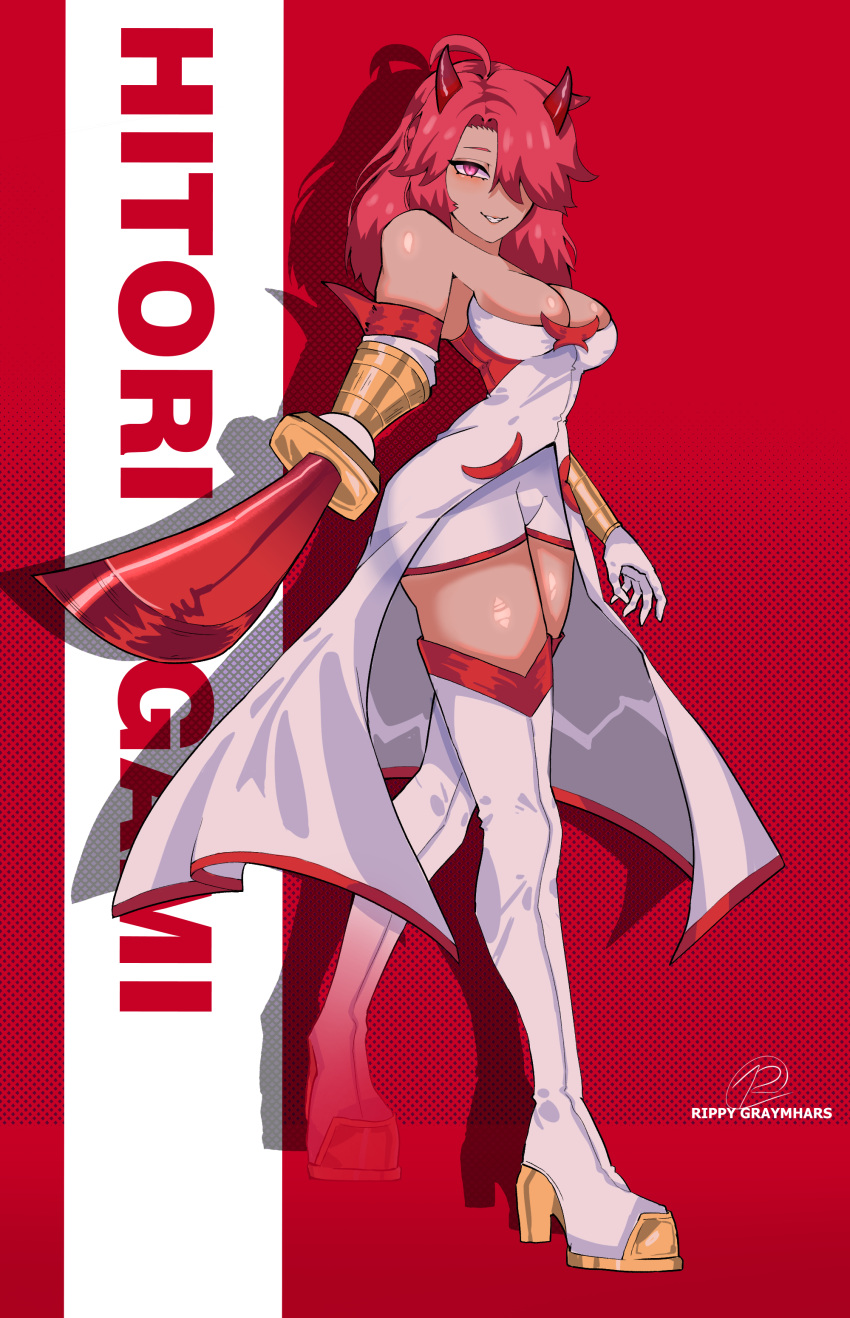 boots breasts cleavage gold_trim horn katana legwear red_eyes red_hair red_trim revealing_clothes seductive shiny_skin smile strut sword thick thick_thighs thighhighs thighs white_clothing