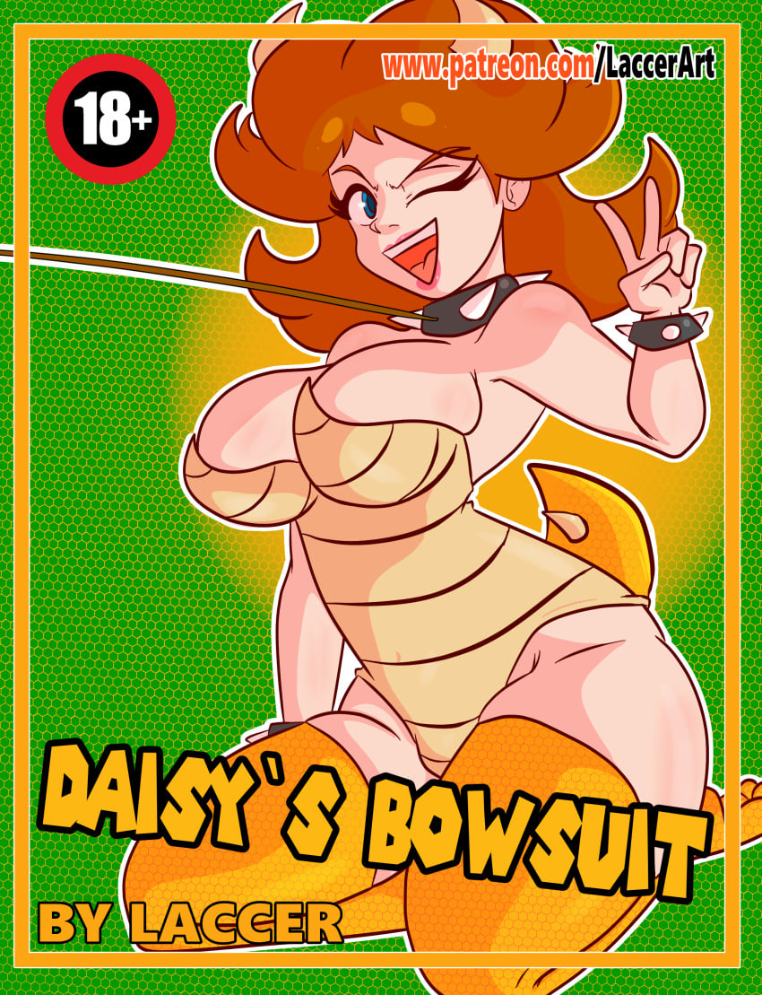 1girls artlaccer_(artist) big_breasts blue_eyes bowser_(cosplay) breasts brown_hair collar cosplay english_text female female_only horns hourglass_figure mario_(series) princess_daisy solo text tomboy voluptuous