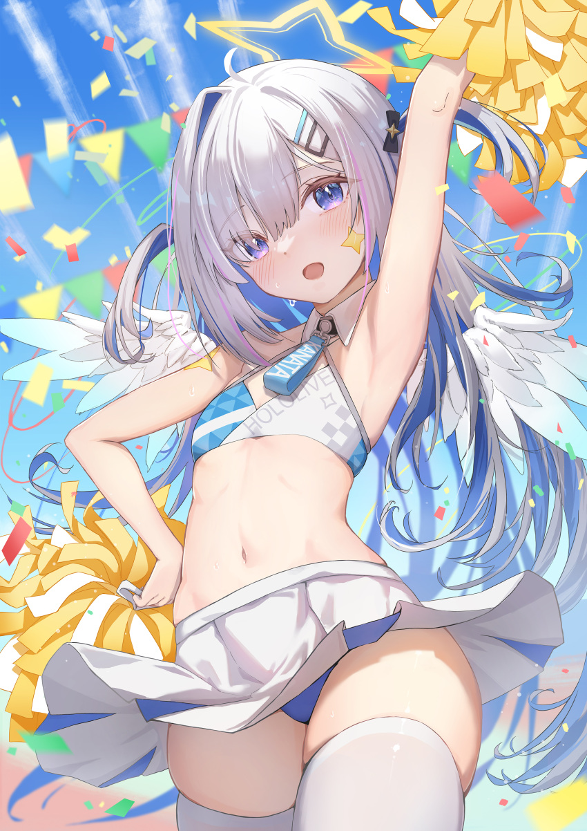 1girls ahoge amane_kanata armpits arms_up artist_request blue_archive blue_eyes cheerleader cheerleader_uniform cosplay crossover_cosplay flat_chest hi_res hibiki_(cheerleader)_(blue_archive)_(cosplay) holoforce hololive hololive_japan legs looking_at_viewer multicolored_hair panties pom_poms skirt_lift solo star_(symbol) sweat tattoo thighhighs virtual_youtuber white_hair white_legwear wings young