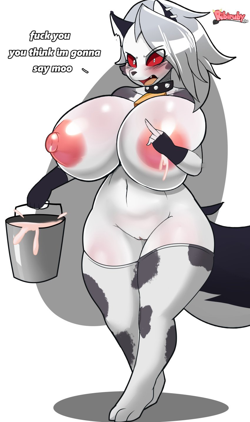 absurd_res animal_print anthro big_breasts bodily_fluids breasts bucket canid canid_demon clothing collar container cow_print demon female genitals hellhound helluva_boss hi_res holding_bucket holding_container holding_object huge_breasts lactating legwear loona_(helluva_boss) mammal nipples pussy ribiruby simple_background solo spiked_collar spikes thigh_highs white_background