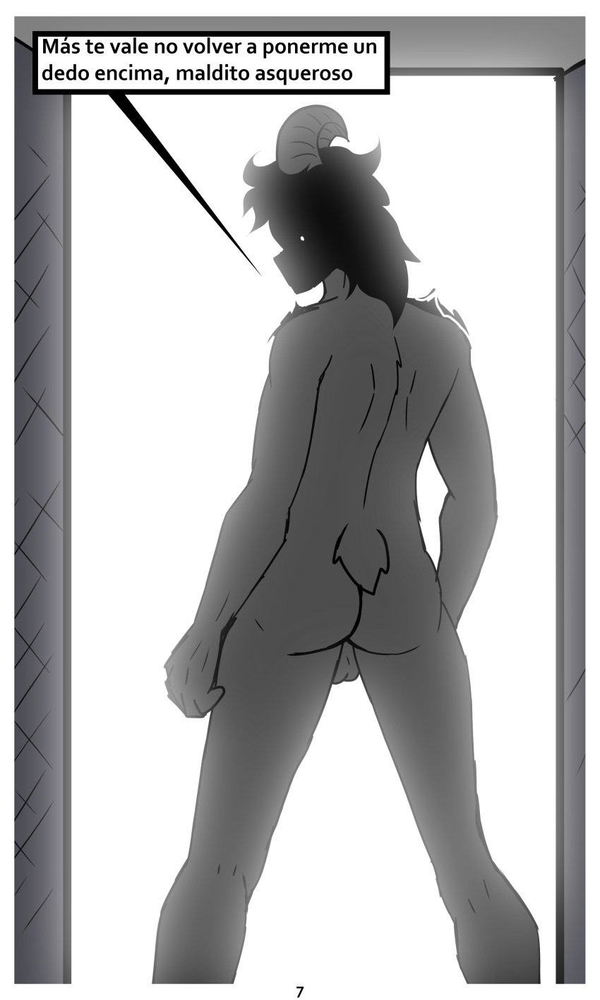 absurd_res anthro ass backlighting backsack balls bovid caprine comic dark_body detailed_background door genitals hair hi_res horn kimero_(kimero_kat) kimero_kat light lighting long_hair male mammal nude solo spanish_text text