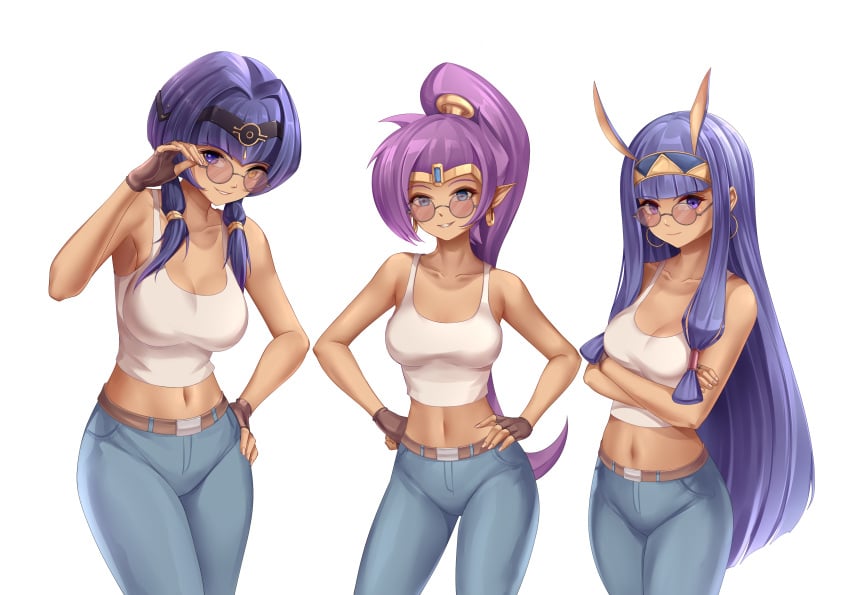 3girls adjusting_eyewear adjusting_glasses adjusting_sunglasses animal_ears arms_crossed belt blue_eyes breasts brown_skin candace_(genshin_impact) closed_mouth collarbone crossover dark-skinned_female dark_skin denim earrings fate/grand_order fate_(series) female female_only fingerless_gloves forehead_jewel genshin_impact grin hair_down hair_ornament hands_on_hips heterochromia highres holding_eyewear hoop_earrings jeans jewelry long_hair looking_at_viewer looking_over_eyewear looking_over_glasses looking_over_sunglasses maeruzame midriff multiple_girls nitocris_(fate/grand_order) pants pointy_ears ponytail purple-tinted_eyewear purple_eyes purple_hair shantae shantae_(character) simple_background smile smooth_skin standing sunglasses tank_top tiara tinted_eyewear twintails very_long_hair white_background