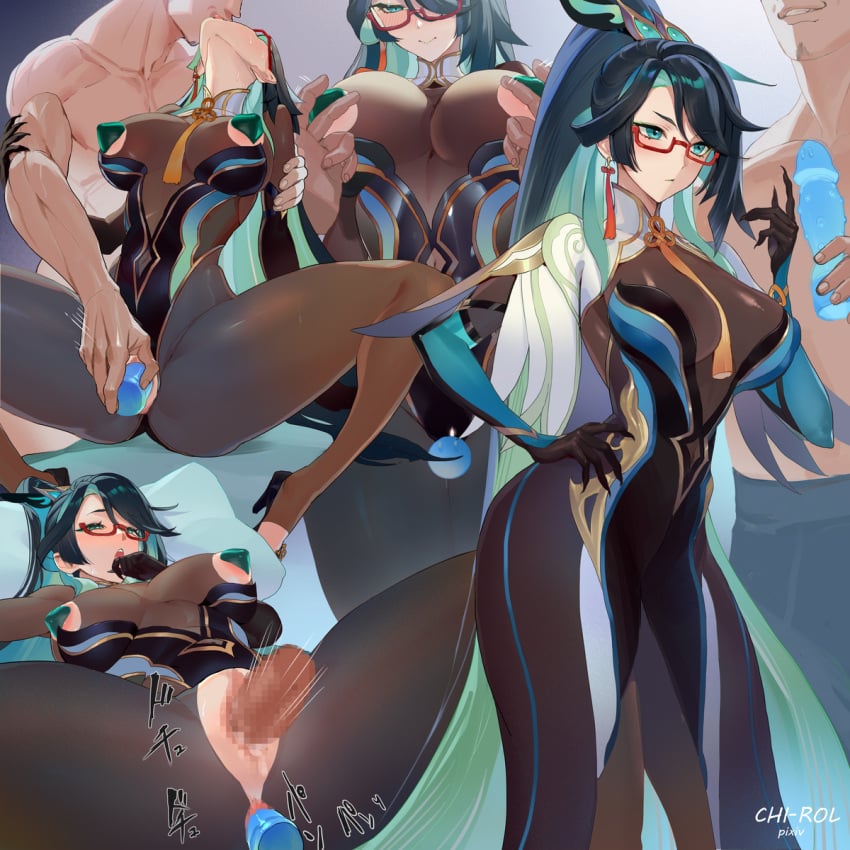 1boy 1girls black_hair bodysuit breasts brown_dress censored chi-rol china_dress chinese_clothes clothed_sex colored_inner_hair dildo dress earrings eyeliner feather_hair_ornament feathers female female_focus french_kiss genshin_impact glasses green_eyes green_hair hair_ornament heart_pasties high_ponytail highres hourglass_figure jewelry kissing kissing_while_penetrated large_breasts light-skinned_female long_hair looking_at_viewer lying makeup male male_penetrating mature_female milf missionary_position multicolored_clothes multicolored_dress multicolored_hair multiple_views muscular_male nipple_tweak on_back open_mouth pasties perky_breasts pleasure_face pussy red-framed_eyewear sex sex_toy slim_waist spread_legs straight swept_bangs tassel tassel_earrings textless_version thick_thighs thighs torn_bodysuit torn_clothes two-tone_hair vaginal_penetration wide_hips xianyun_(genshin_impact)