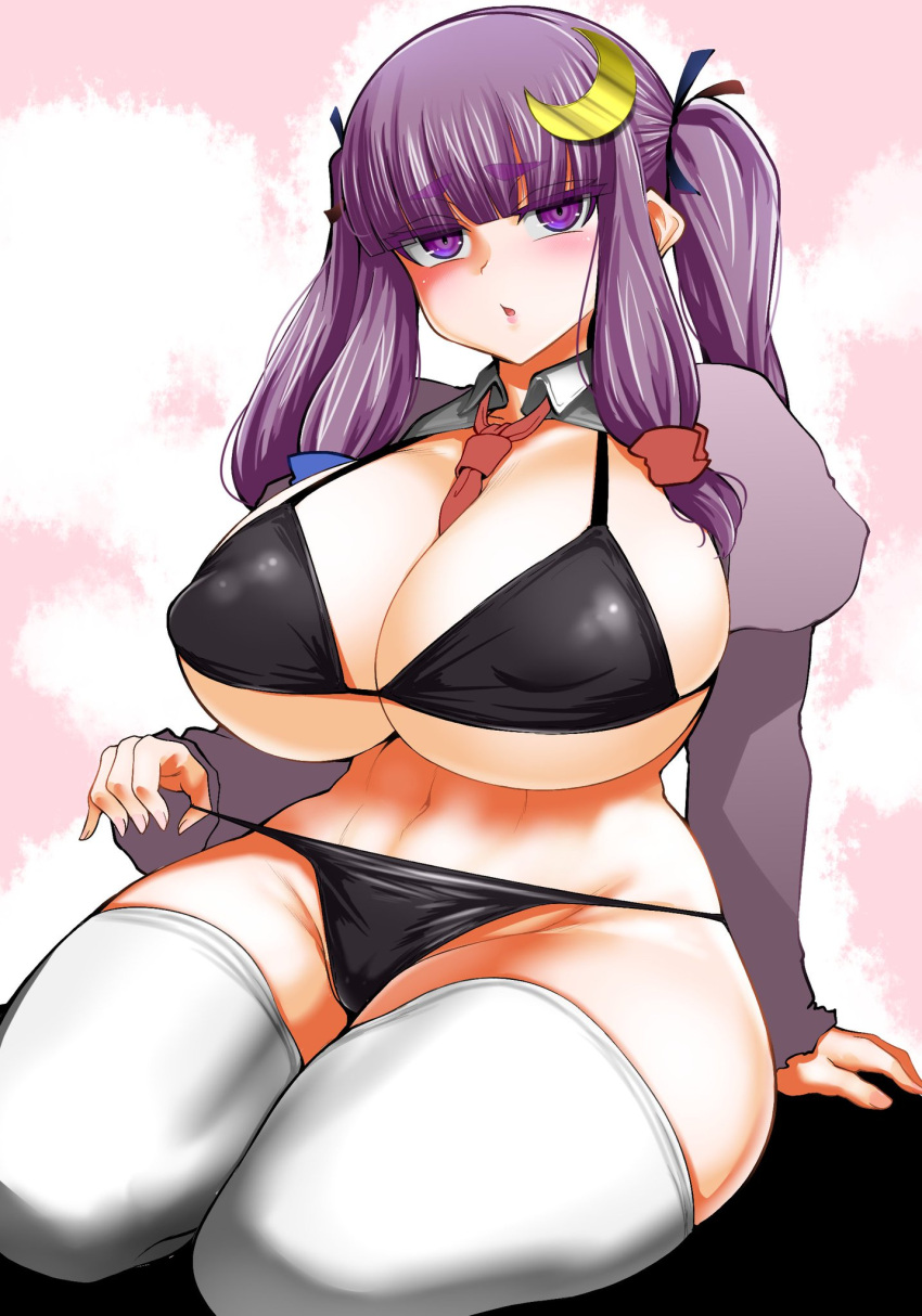 big_breasts bikini blush breasts ginku_mh patchouli_knowledge pulling_panties purple_eyes purple_hair thighhighs tie touhou