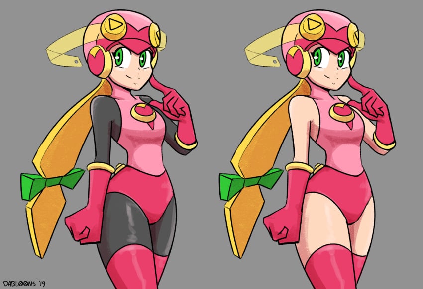 1girls 2019 bodysuit dabloons gloves green_eyes helmet hourglass_figure leotard long_gloves mega_man mega_man_battle_network removing_clothing roll.exe smile thighhighs thighs wide_hips