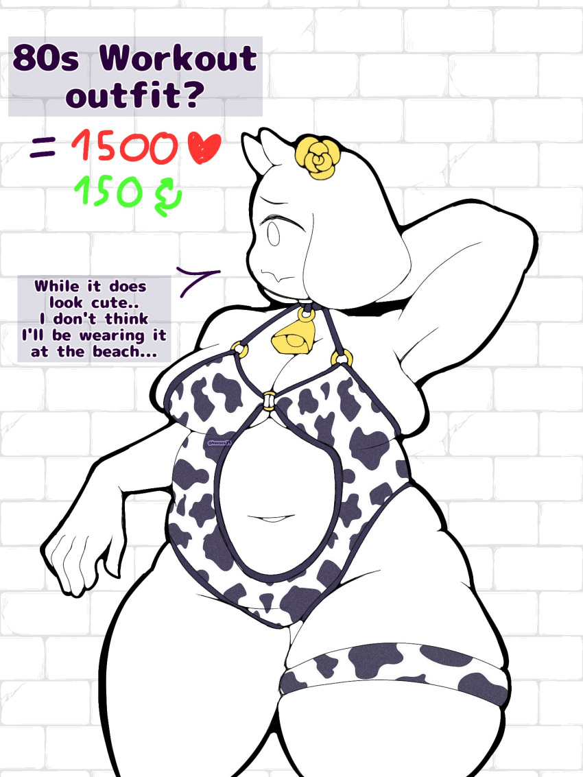 2d 2d_(artwork) 2d_artwork breasts color cow_print cowbell dialogue english english_dialogue english_text hosses21 milf swimsuit tagme text toriel undertale undertale_(series)