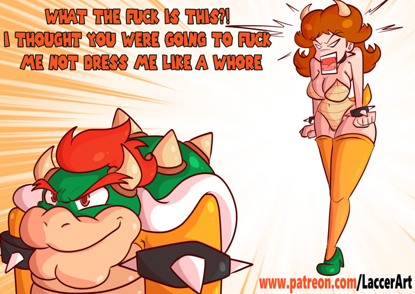 1boy 1girls artlaccer_(artist) big_breasts blue_eyes bowser bowser_(cosplay) breasts brown_hair collar cosplay english_text female horns hourglass_figure male mario_(series) princess_daisy text tomboy voluptuous