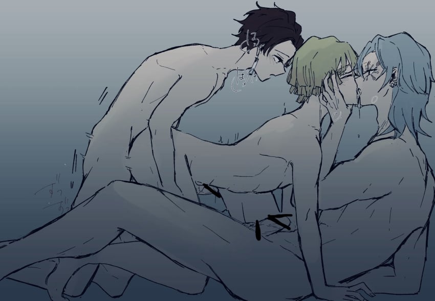 2boys 3boys anal anal_insertion anal_sex anal_sex demon_slayer erection hard_on kamado_tanjirou kimetsu_no_yaiba kissing male male_only male_penetrated male_penetrating muscular muscular_male naked on_bed teen_boy threesome uzui_tengen yaoi zenitsu_agatsuma