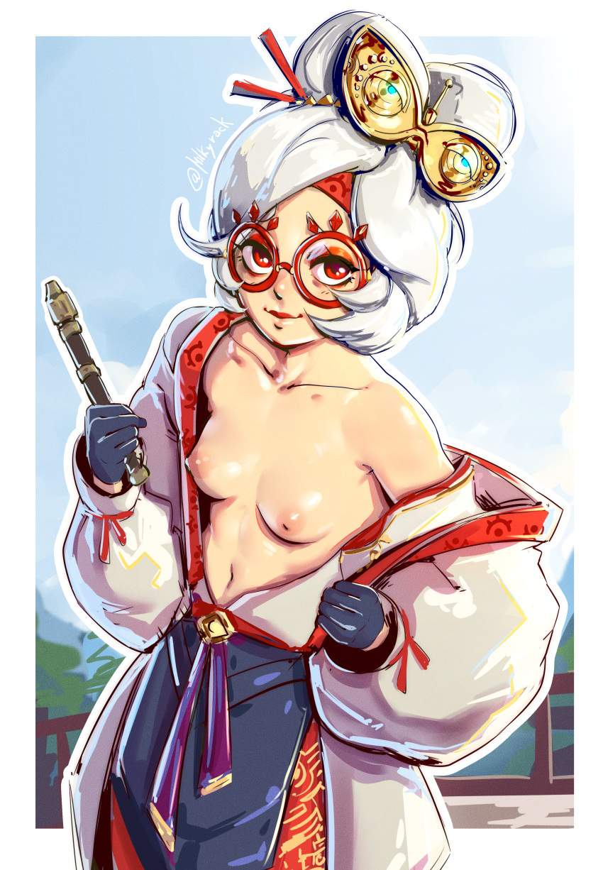 1girls blush glasses hair_ornament milkyrack nintendo open_shirt outside partially_clothed presenting purah purah_(tears_of_the_kingdom) red_eyes small_breasts smile solo standing tears_of_the_kingdom the_legend_of_zelda topless white_hair