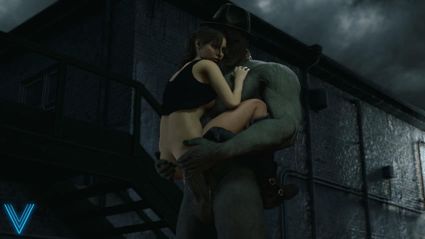 1boy 1girls 3d arm_around_neck arm_up ass_grab athletic bangs bedroom_eyes boots bottomless braless breasts_out brown_hair brunette capcom claire_redfield clothed clothed_sex clothing color cum cum_in_pussy cum_inside cum_leaking cum_string erect_nipples female fit half_closed_eyes hand_on_chest hug human human_penetrated interspecies intimate large_penis larger_male light-skinned_female light_skin long_hair long_penis looking_pleasured loving_it male medium_breasts messy_hair mr_x narrowed_eyes pants pants_around_one_leg pants_down passionate penis ponytail resident_evil resident_evil_2 resident_evil_2_remake sex shirt shirt_lift size_difference smaller_female spread_legs stand_and_carry standing_sex straight tagme tank_top tank_top_lift the_vice_art thick_thighs topwear