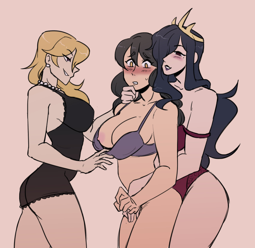 3girls 3milfs amelia_medici annie's_mother blush bra breasts clothing female female_only from_behind idiotsandwich legs_together lingerie lipstick long_hair matching_underwear milf multiple_girls panties purple_bra queen_nancy red_bra red_panties skullgirls yuri