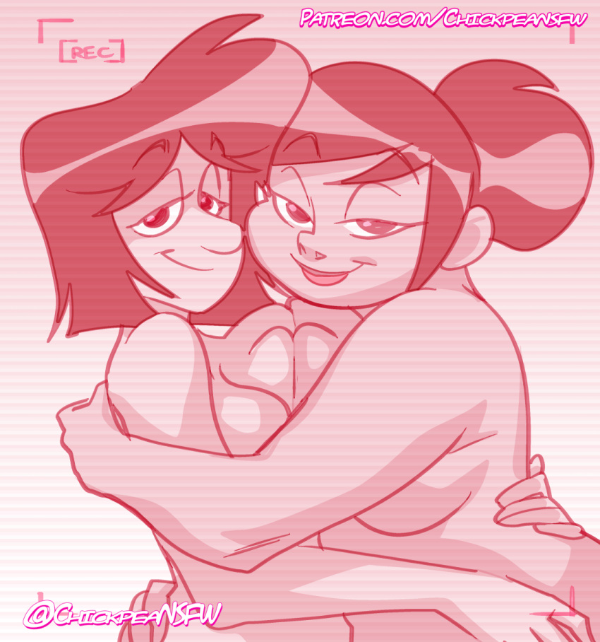 2023 2girls asian_female bbw bedroom_eyes big_nose chickpea disney disney_channel female female_only filming gradient_background hugging leah_stein-torres looking_at_viewer milf monochrome nude nude_female pink_background pink_theme recording sharon_mcgee simple_background smile the_ghost_and_molly_mcgee yuri