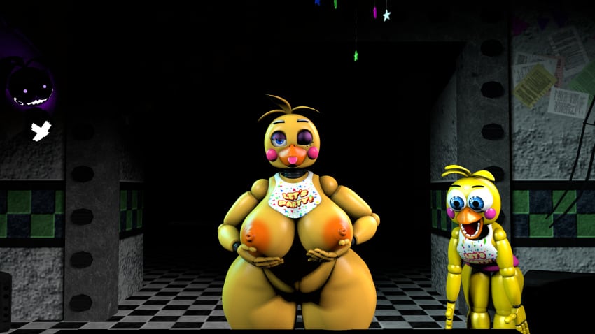 3d 3d_(artwork) animatronic beak bib bird blep blue_eyes eternitiesguard five_nights_at_freddy's five_nights_at_freddy's_2 holding_breast huge_breasts nipples presenting presenting_breasts seductive_look shadow_toy_chica shocked tongue tongue_out toy_chica_(fnaf) wink yellow_body