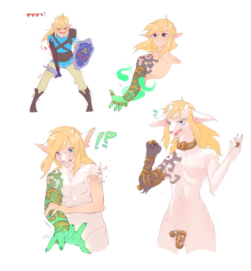 anthro armor blonde_hair chastity_cage chastity_device clothed clothing collar corablue femboy forced forced_transformation genitals girly hair hi_res horn human_to_anthro humanoid hylian link male melee_weapon nintendo nude penis shield shirt solo species_transformation surprise sword the_legend_of_zelda topwear transformation weapon white_body zonai zonai_link