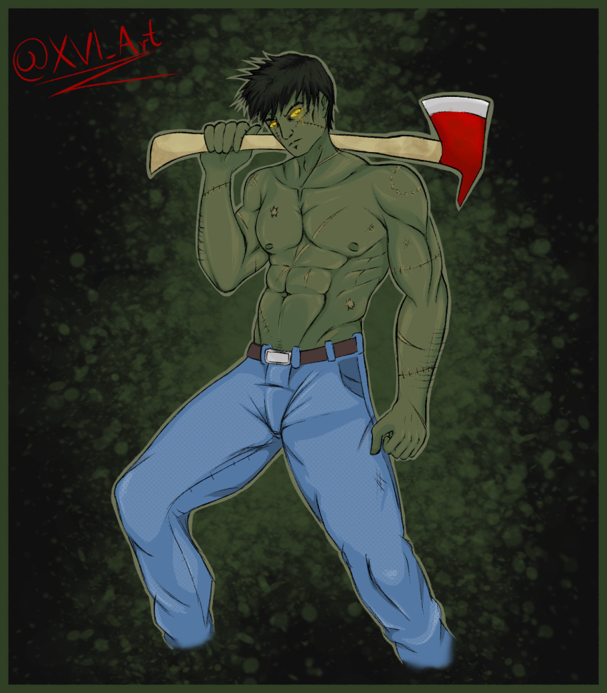 1boy abs athletic athletic_male axe belly_button belt belt_buckle black_hair glowing_eyes green_skin holding_object holding_weapon jeans looking_at_viewer muscular muscular_male nipples scars_all_over scars_on_arm scars_on_face shirtless short_hair signature simple_background solo solo_male sonny_(series) sonny_(sonny) sonny_1 sonny_2 weapon xvi yellow_eyes yellow_sclera zombie