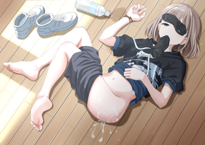 after_rape after_sex barefoot black_socks blue_eyes bob_cut bottle clothes_pull cum cum_on_ass drugged earrings empty_eyes feet female half-closed_eyes highres hood hoodie idolmaster idolmaster_shiny_colors jewelry light_brown_hair lying midriff namego3go navel no_shoes nude on_back on_floor open_mouth rape saliva serizawa_asahi shirt shoes shoes_removed short_hair shorts shorts_pull single_earring sleep_molestation sneakers sock_gagged sock_in_mouth socks socks_removed soles solo_focus toes water_bottle wooden_floor