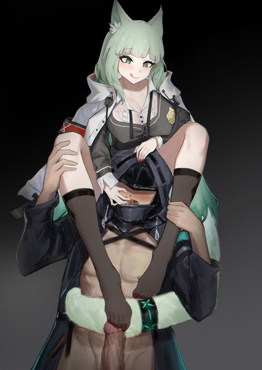 1boy animal_ear_fluff animal_ears arknights blush breasts cat_ears cat_girl cat_tail censored covered_nipples doctor_(arknights) erection female footjob green_eyes green_hair harmonie_(arknights) highres jacket jacket_on_shoulders kneehighs large_breasts licking licking_finger licking_lips long_hair long_sleeves mosaic_censoring open_mouth penis pink_nails sawaki_ken smile socks tail tongue tongue_out