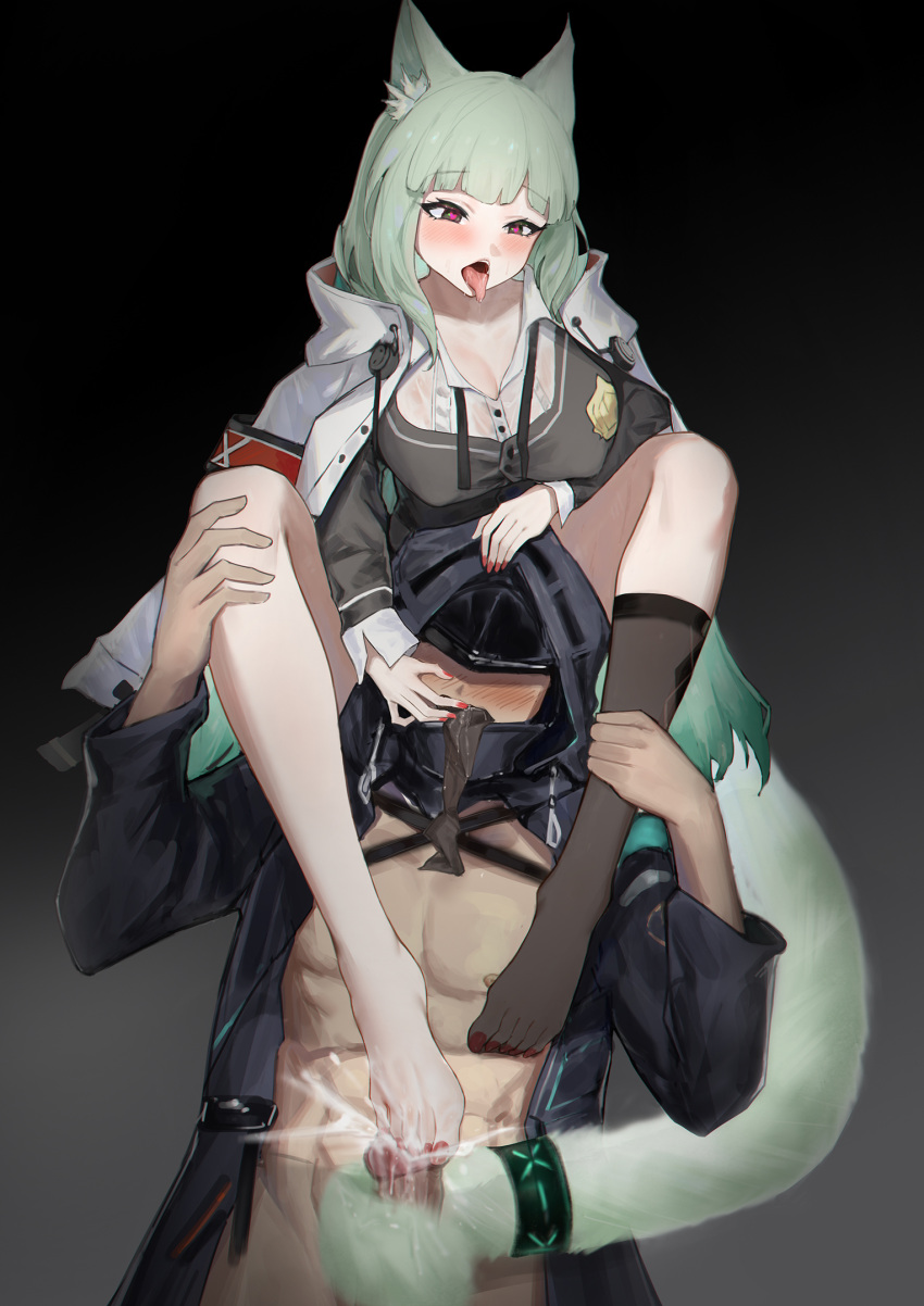 1boy animal_ear_fluff animal_ears arknights blush breasts cat_ears cat_girl cat_tail censored covered_nipples cum doctor_(arknights) dominant_female domination ejaculation erection female femdom footjob gagged green_eyes green_hair harmonie_(arknights) heart heart-shaped_pupils highres jacket jacket_on_shoulders kneehighs large_breasts long_hair long_sleeves mosaic_censoring open_mouth penis pink_nails sawaki_ken single_kneehigh single_sock sock_in_mouth socks symbol-shaped_pupils tail tailjob tongue tongue_out