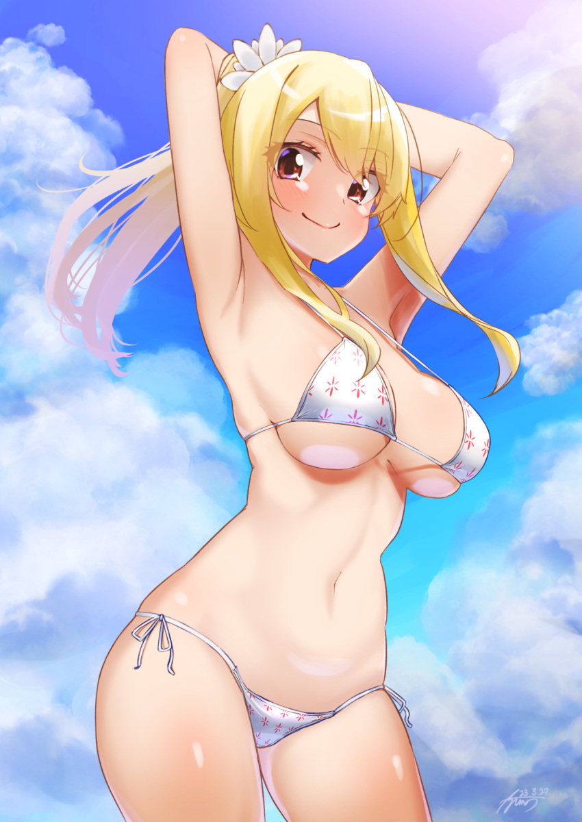 1girls ayuman bikini blonde_hair blush brown_eyes fairy_tail large_breasts long_hair looking_at_viewer lucy_heartfilia voluptuous