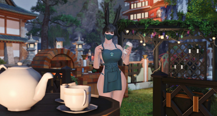 apron apron_only barista big_ass big_breasts big_butt employee employee_uniform face_mask final_fantasy final_fantasy_xiv iced_latte_with_breast_milk non1041 public starbucks viera