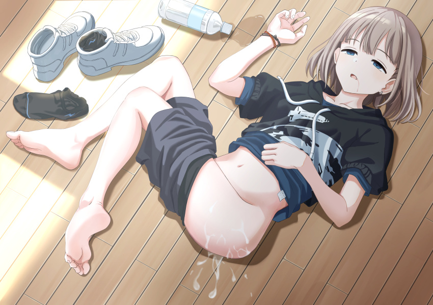 after_rape after_sex barefoot blue_eyes bob_cut bottle clothes_pull cum cum_on_ass drugged earrings empty_eyes feet female half-closed_eyes highres hood hoodie idolmaster idolmaster_shiny_colors jewelry light_brown_hair lying midriff namego3go navel no_shoes nude on_back on_floor open_mouth rape saliva serizawa_asahi shirt shoes shoes_removed short_hair shorts shorts_pull single_earring sleep_molestation sneakers socks_removed soles solo_focus toes water_bottle wooden_floor