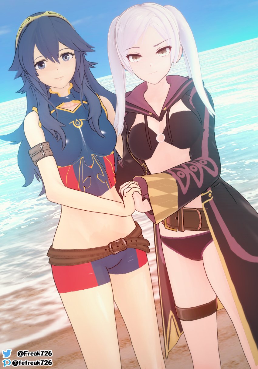 2girls 3d alternate_costume bare_midriff bare_thighs beach bikini black_bikini black_swimsuit blue_bikini blue_eyes blue_hair blue_swimsuit breasts brown_eyes coat fefreak726 female female_only fire_emblem fire_emblem_awakening fire_emblem_cipher fire_emblem_heroes holding_hands long_hair looking_at_viewer lucina_(fire_emblem) medium_breasts medium_hair midriff multiple_girls nintendo o-ring o-ring_bikini ocean official_alternate_costume outdoors raised_eyebrow robin_(fire_emblem) robin_(fire_emblem)_(female) small_breasts smile smug swimsuit symbol-shaped_pupils thighs tiara twintails