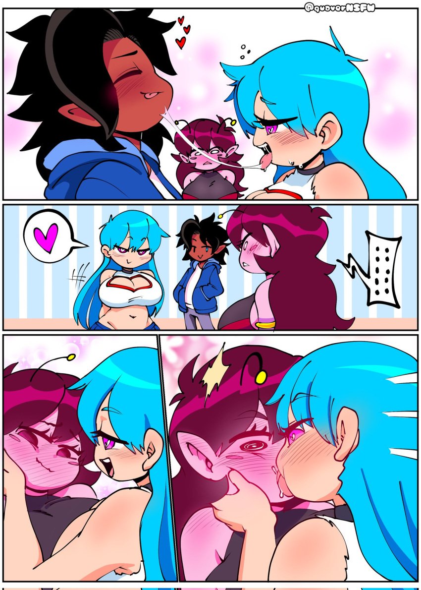 <3 ... 1boy 2023 2girls antenna_hair antennae artist_logo bisexual bisexual_(female) black_eyes black_hair blue_eyes blue_hair blue_jacket blush blushing breasts closed_eyes clothed clothing comic commission cyan_hair dark-skinned_male dark_skin elf_ears embarrassed female female/female friday_night_funkin friday_night_funkin_mod girlfriend_(friday_night_funkin) half-closed_eyes heart-shaped_pupils hsir interspecies jacket jay_(new_rapstar_fnf) lesbian_kiss light-skinned_female light_skin looking_at_another magenta_hair making_out male male/female open_mouth pink_eyes pink_skin purple_eyes purple_hair quavernsfw saliva saliva_trail self_insert sideboob sky_(friday_night_funkin) skyblue speech_bubble starcatcher_gf_(heartlocket) sweater teeth tongue tongue_out yuri