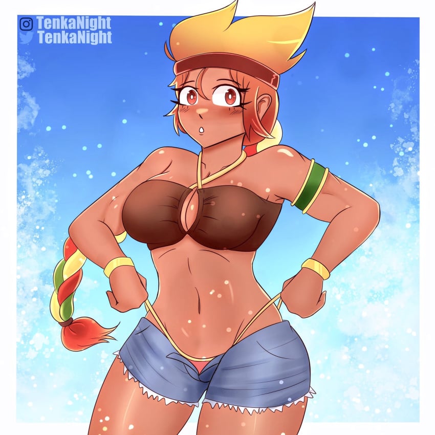 amber_(brawl_stars) bikini boob_window border braid brawl_stars daisy_dukes daisy_dukes_bikinis_on_top female instagram_logo instagram_username lil_tenka medium_breasts multicolored_hair orange_eyes pulling_bikini_string supercell twitter_logo twitter_username white_border