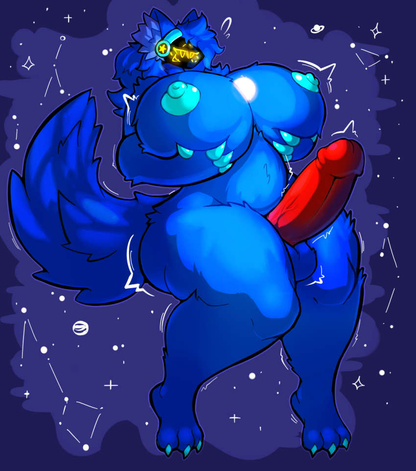 anthro balls baronflint big_balls big_breasts big_penis blue_body blue_fur breasts constellation digital_media_(artwork) fur futanari genitals hair hi_res holding_breast huge_breasts huge_cock hyper hyper_breasts hyper_genitalia hyper_penis intersex machine macro mammal nude penis protogen red_penis screen screen_face simple_background solo space star starry_(sokoyo_owo) thick_thighs wide_hips