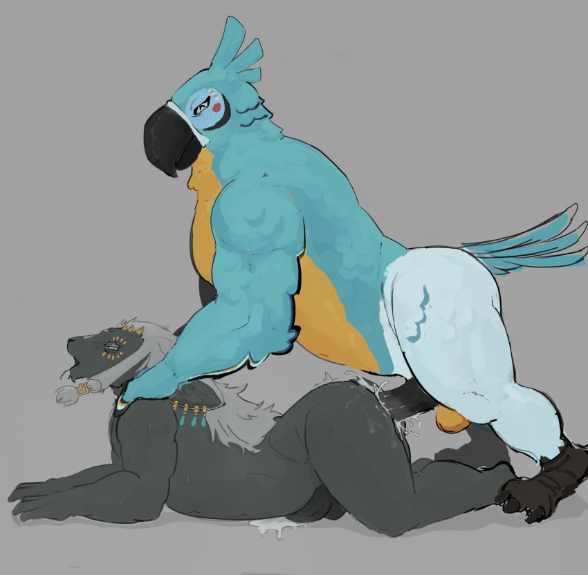 anthro avian balls beak bird blue_body blue_feathers bodily_fluids breath_of_the_wild cum cum_in_ass cum_inside duo feathers fur gay gay_sex genital_fluids genitals grey_body grey_fur hair hi_res interspecies kass_(tloz) kass_(zelda) long_hair male male/male male_only male_penetrated male_penetrating male_penetrating_male nintendo open_mouth penetration prim0rdia rauru_(tears_of_the_kingdom) rito sex tail_feathers tears_of_the_kingdom the_legend_of_zelda white_hair zonai