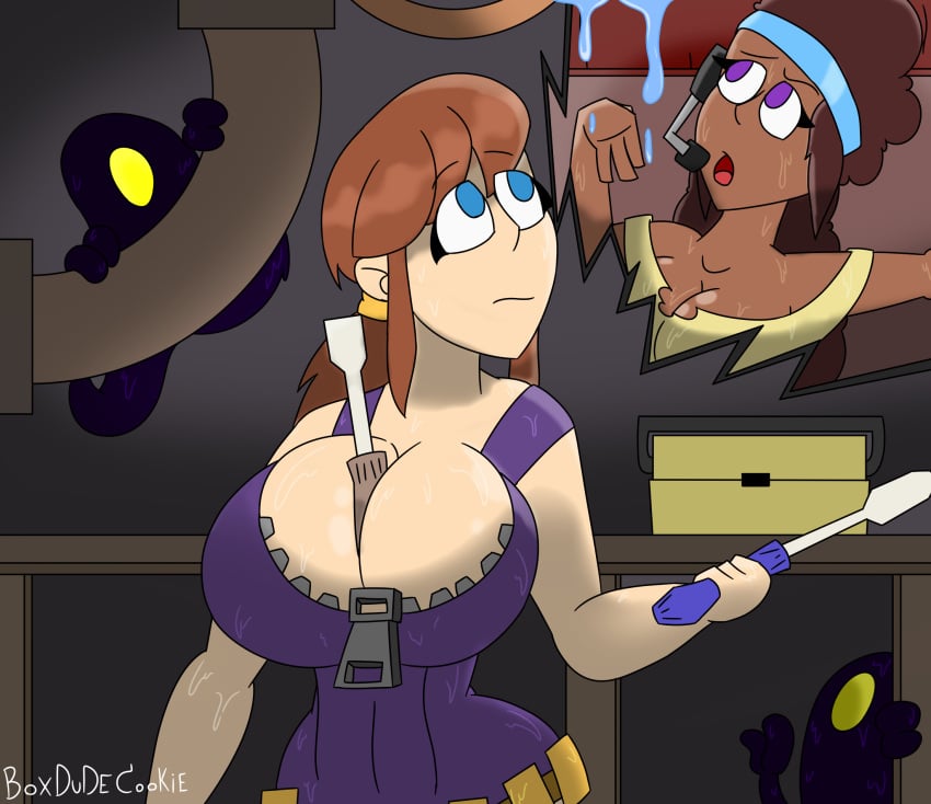 a_hat_in_time aged_up between_breasts blue_eyes bow_adult bow_kid boxdudecookie breasts brown_hair cleavage communicator hair_tie hair_tied hat_adult hat_kid huge_breasts kyle5021 large_breasts leaking light-skinned_female light_skin ponytail screwdriver staring staring_at_another staring_at_breasts textless tied_hair unknown_species zipper