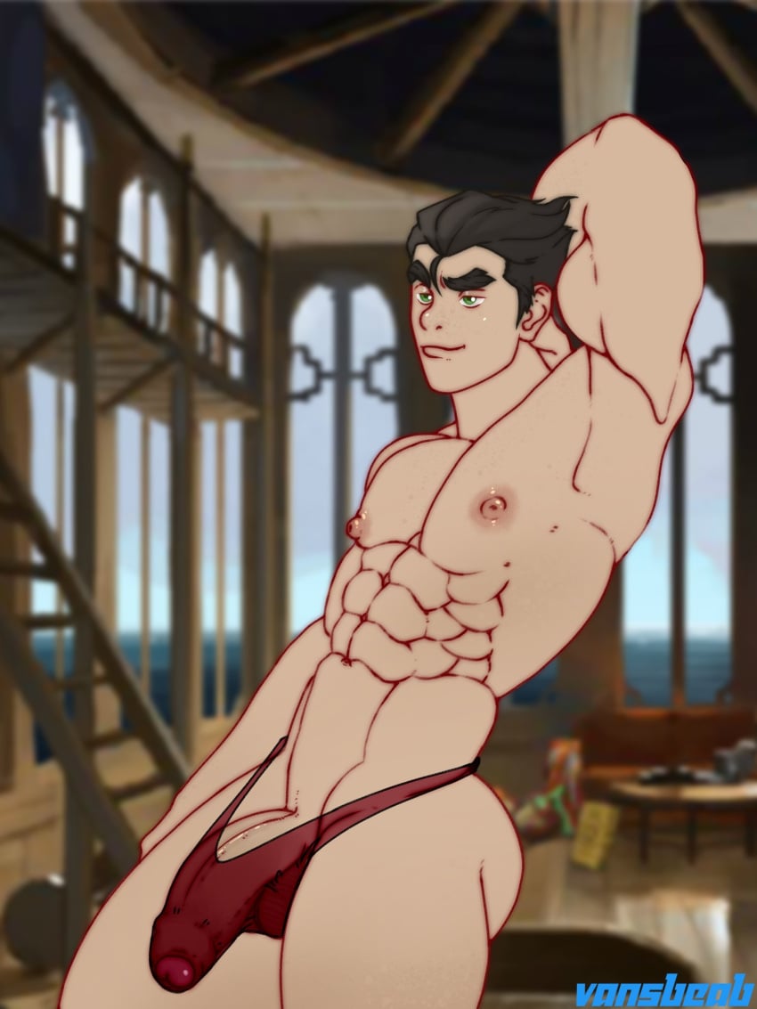 1boy abs ass avatar_legends balls bara bolin boner brown_hair green_eyes male male_only naked nipples nude penis see-through see-through_clothing see-through_swimsuit smooth_skin the_legend_of_korra thong thong_bikini underwear vansbeab