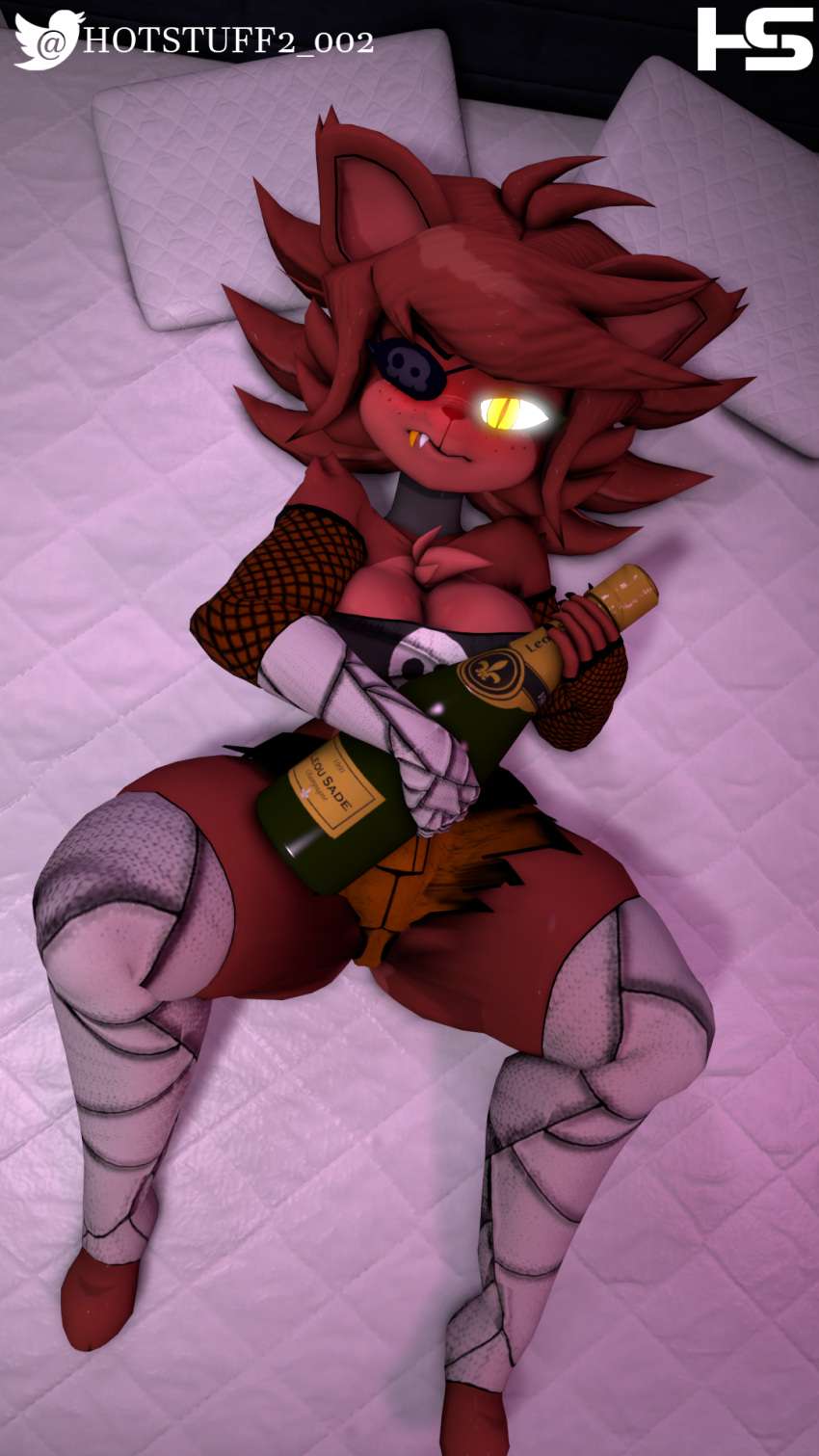 1girls 3d 3d_(artwork) 9:16 alternate_version_available artist_logo artist_name bed big_breasts blush bottle breasts cally3d champagne clazzey cryptiacurves fazclaire's_nightclub female female_only fexa fexa_(cryptia) five_nights_at_freddy's fnaf foxy_(cally3d) foxy_(fnaf) fredina's_nightclub hi_res holding_object hotstuff laying_on_bed looking_at_viewer pillow scottgames solo thick_thighs wide_hips