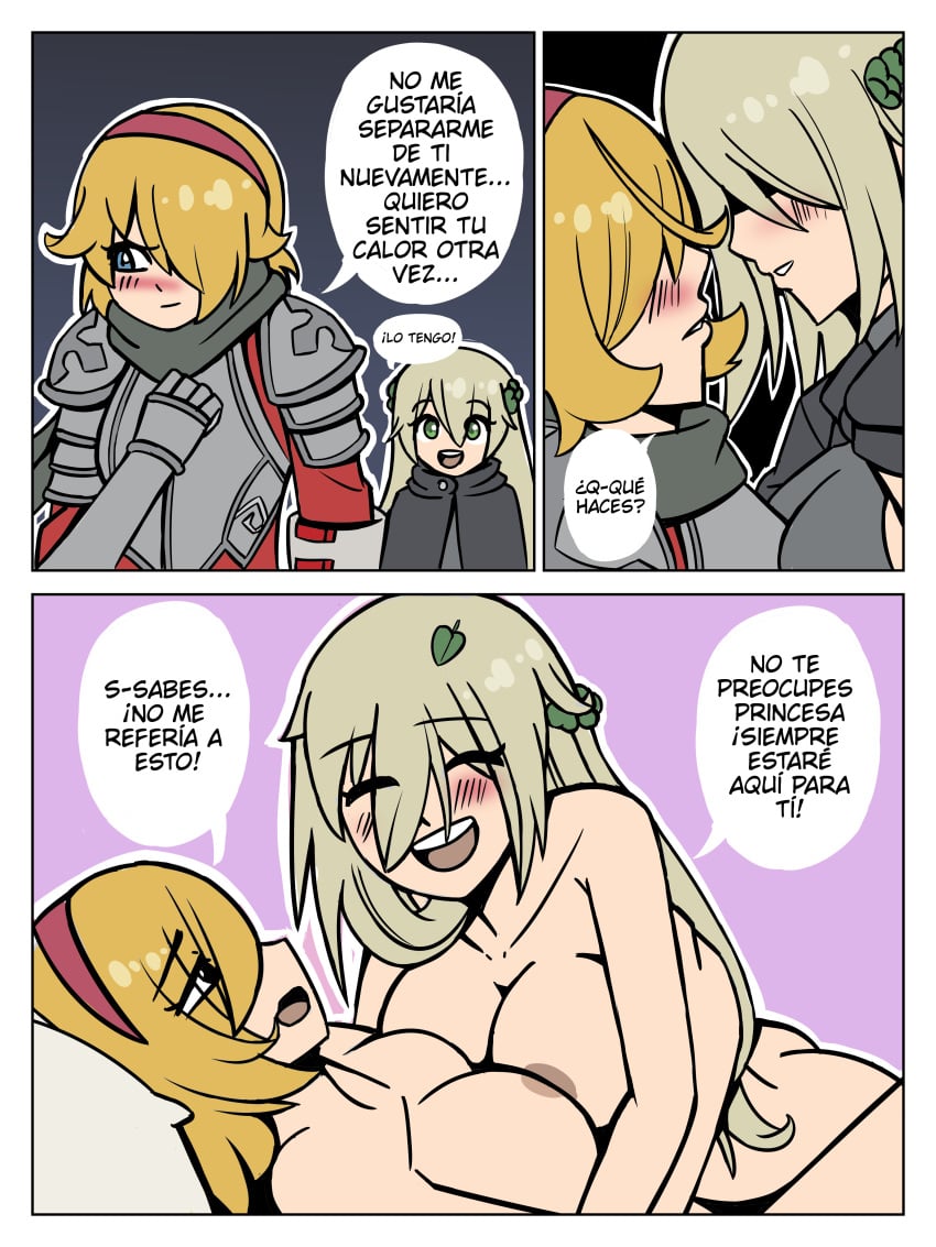 big_breasts feith_noir female_knight_(guardian_tales) future_knight_(guardian_tales) future_princess_(guardian_tales) guardian_tales lesbian_sex sesbian_lex spanish_text text tsundere wholesome yuri