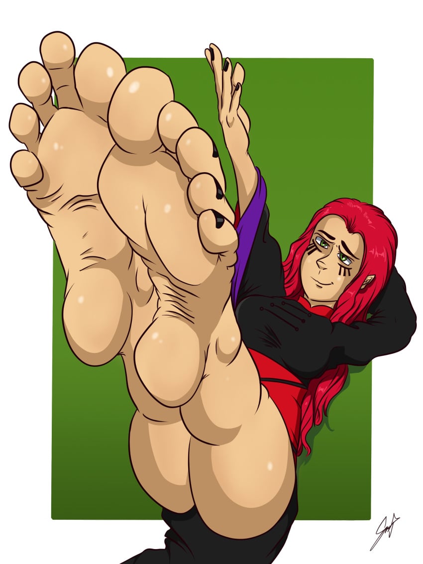 1girls artist_signature barefoot bewitching_feet black_dress black_nails black_toenail_polish feet_up foot_focus green_eyes red_hair shazzul smile soles tan_body toes wrinkled_soles wuya xiaolin_showdown