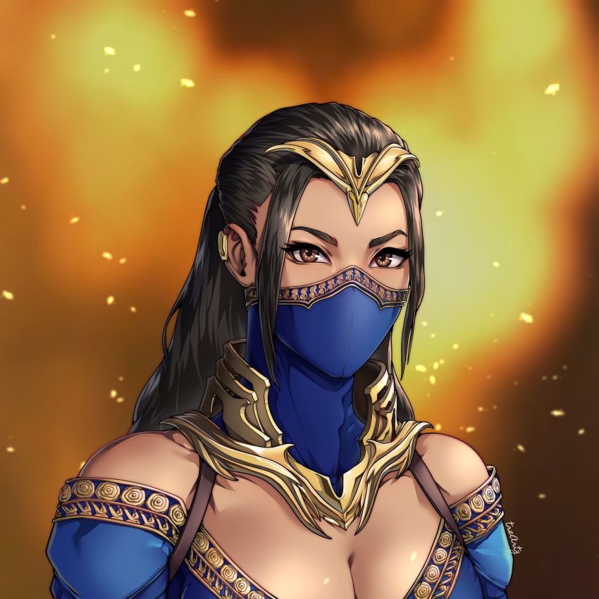 1girls big_breasts black_hair blue_clothing breasts brown_eyes edenian female female_only fully_clothed gold_(metal) gold_jewelry jewelry kitana kitana_(new_era) long_hair mask masked masked_female mortal_kombat mortal_kombat_1_(2023) netherrealm_studios solo solo_female thotlerrr treartz warner_bros warner_bros._games warner_brothers