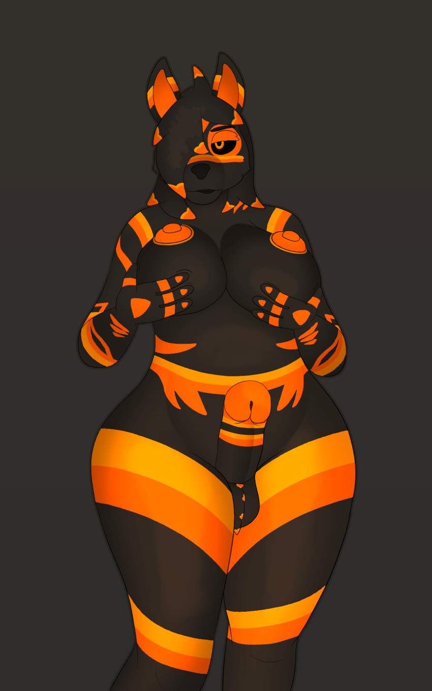 anthro areola ball_tuft balls black_body black_fur black_lips black_sclera breasts canid canine curvy_figure fox fur genitals glans gusta gynomorph hair hi_res highlights_(coloring) holding_breast intersex lips mammal markings naranja_(gusta) nipples nude orange_areola orange_eyes orange_glans orange_highlights orange_markings orange_nipples orange_stripes penis slightly_chubby solo striped_genitalia striped_penis stripes thick_thighs tuft voluptuous wide_hips