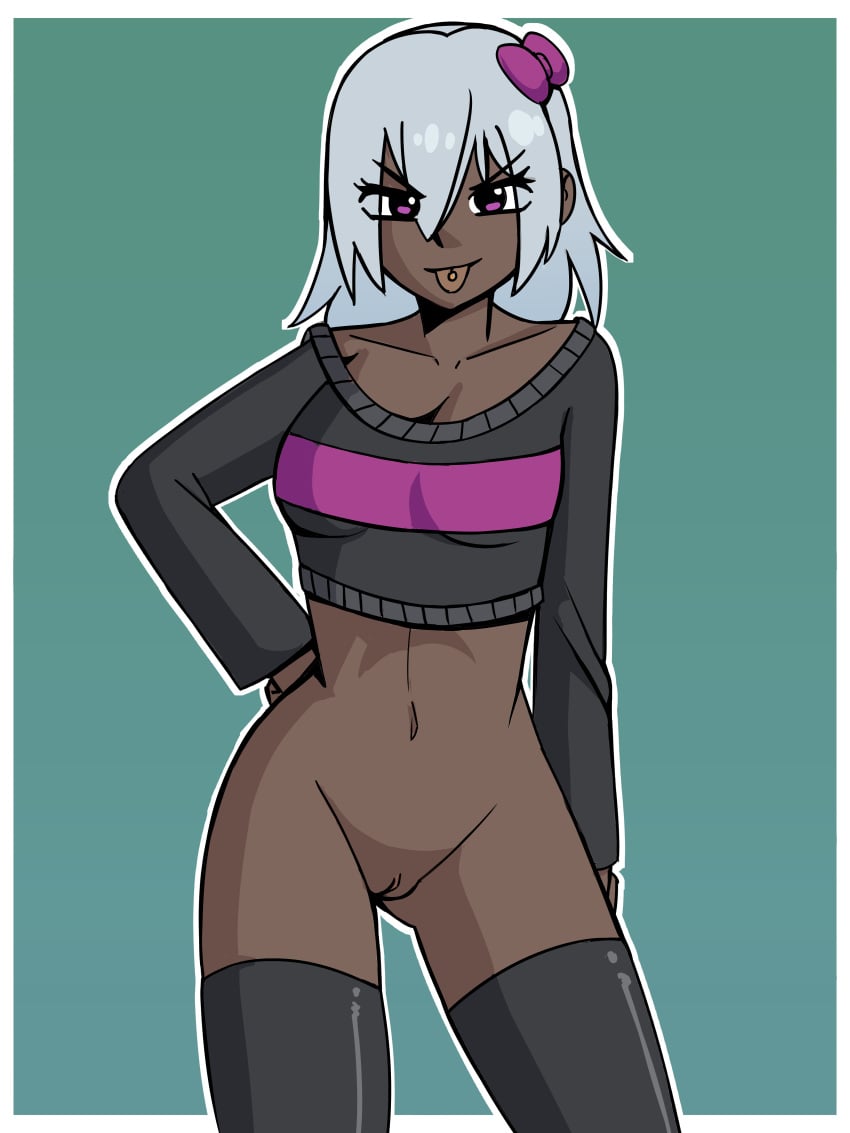 almost_naked commission dark_skin emo_girl feith_noir original original_character piercing pussy small_breasts stockings white_hair